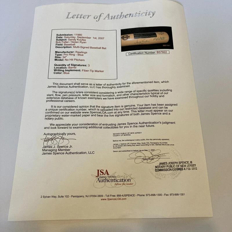 Sandy Koufax & Nolan Ryan No Hitter Signed Inscribed Baseball Bat JSA COA - 2