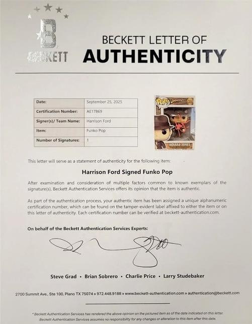 Harrison Ford signed Indiana Jones Funko Pop Figure 1355 autograph ~ Beckett BAS - 9