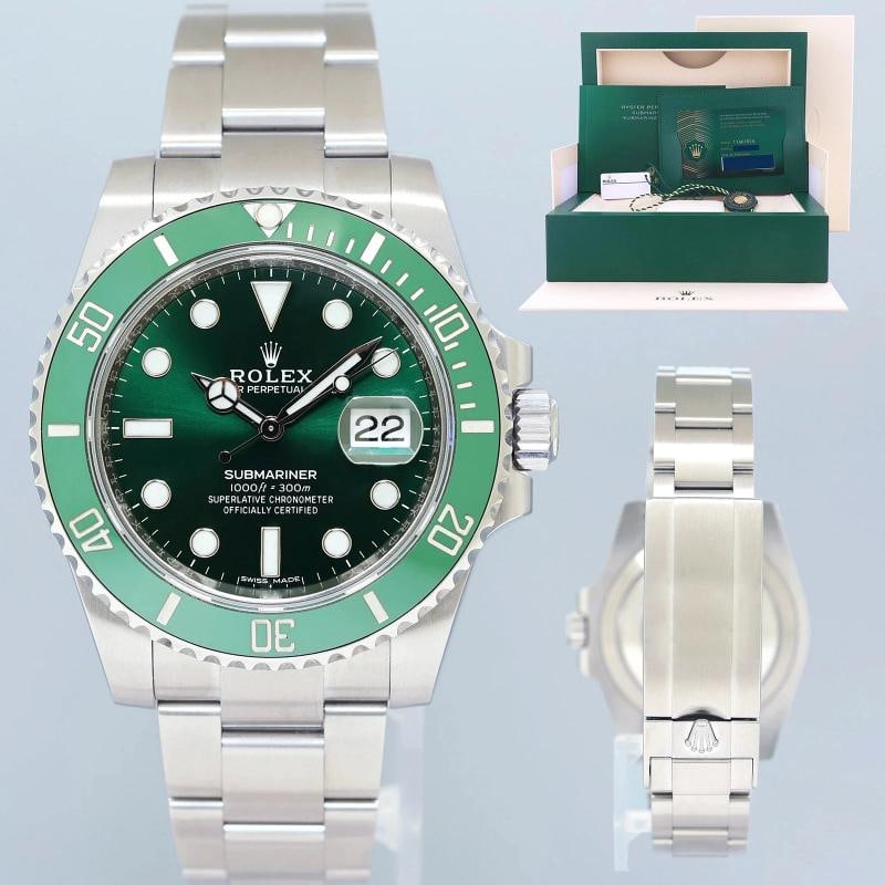 STICKERS JUNE 2020 NEW PAPERS Rolex Submariner Hulk 116610LV Green Ceramic Watch: Case & Dial Case Material: Rolex Stainless Steel Case Size: 40mm Bezel: Rolex Green Crystal: Rolex Sapphire Dial: Rolex Green Movement & Bracelet Movement: Rolex Automatic Bracelet Design: Rolex Oyste