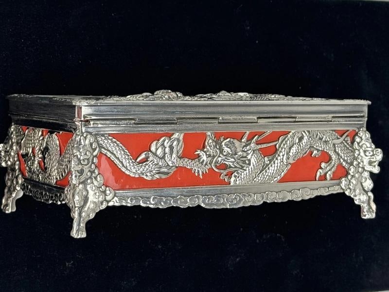 Wonderful Japanese Silverplate Red Dragon Dresser Trinket Box c1946 - 10