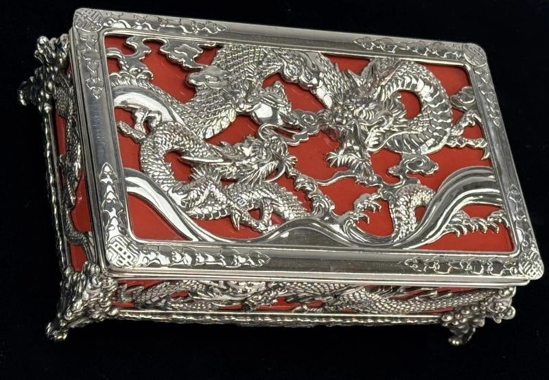 Wonderful Japanese Silverplate Red Dragon Dresser Trinket Box c1946 - 2