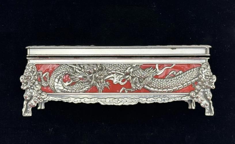 Wonderful Japanese Silverplate Red Dragon Dresser Trinket Box c1946 - 6