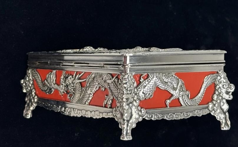 Wonderful Japanese Silverplate Red Dragon Dresser Trinket Box c1946 - 7
