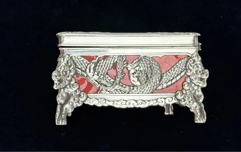 Wonderful Japanese Silverplate Red Dragon Dresser Trinket Box c1946 - 8
