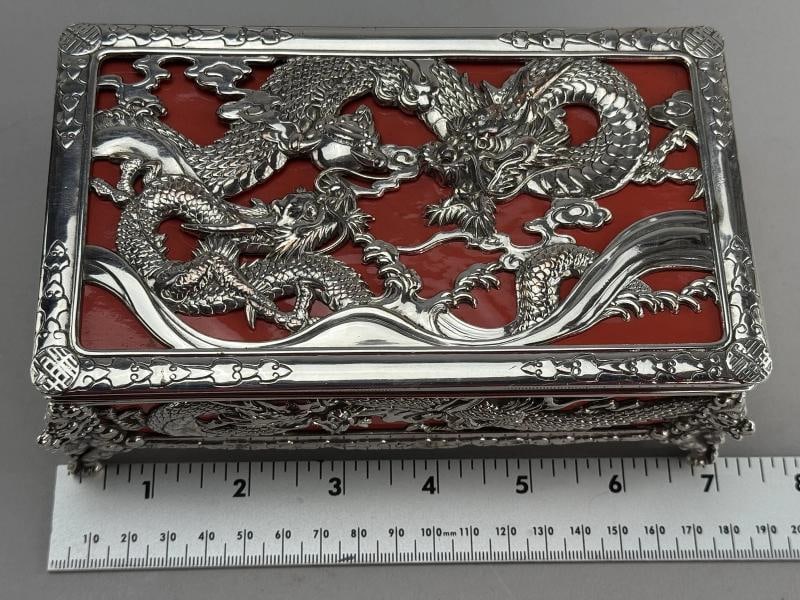 Wonderful Japanese Silverplate Red Dragon Dresser Trinket Box c1946 - 9