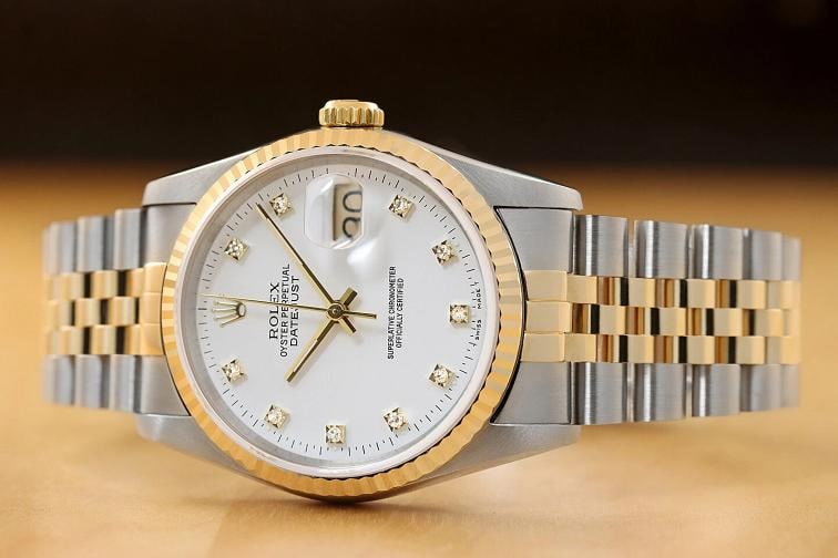 ROLEX MENS DATEJUST 16233 FACTORY DIAMOND 18K GOLD STAINLESS STEEL WHITE WATCH - 2