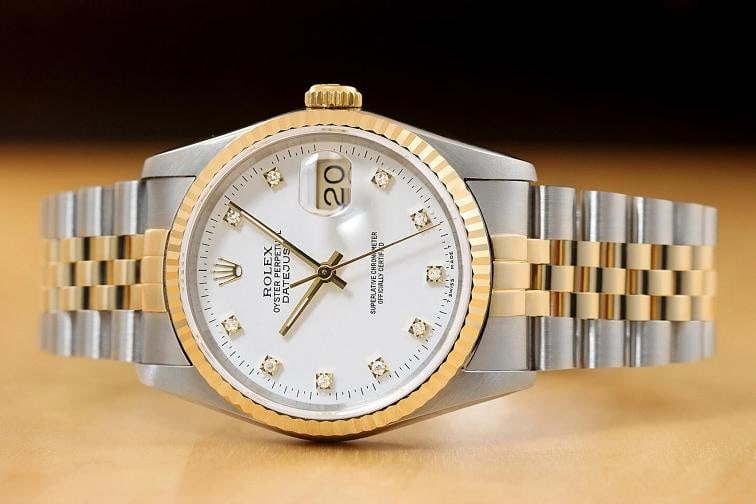 ROLEX MENS DATEJUST 16233 FACTORY DIAMOND 18K GOLD STAINLESS STEEL WHITE WATCH - 3