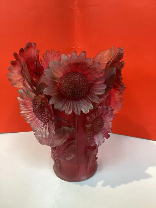Xl Nancy Daum Style Crystal Sunflower Vase Red OmbrÃƒÂ© Heavy Art Glass H9Ã - 9