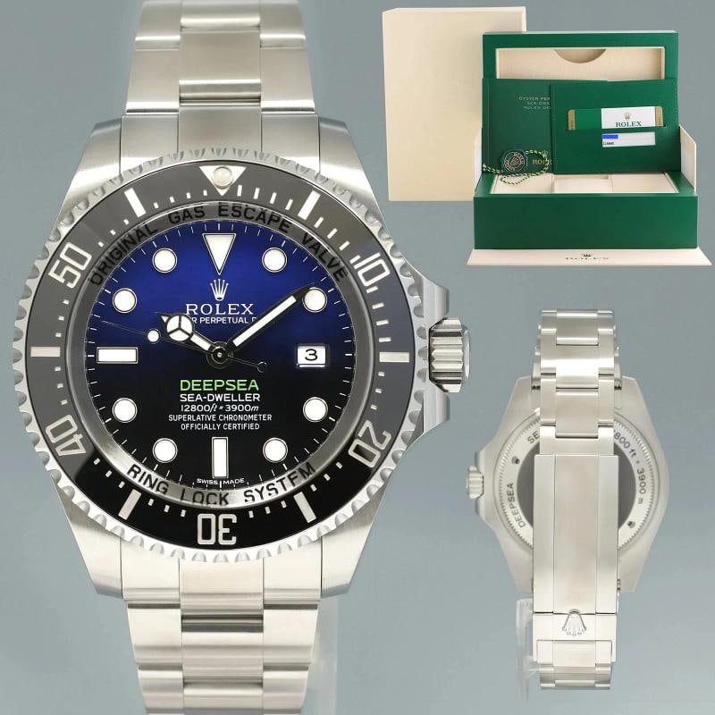 MINT 2015 PAPERS Rolex Sea-Dweller Deepsea James Cameron Blue 116660 44mm Watch: Case & Dial Case Material: Rolex Stainless Steel Case Size: 44mm Bezel: Rolex Black Ceramic Crystal: Rolex Sapphire Dial: Rolex Blue and Black "James Cameron" Movement & Bracelet Movement: Rolex Autom
