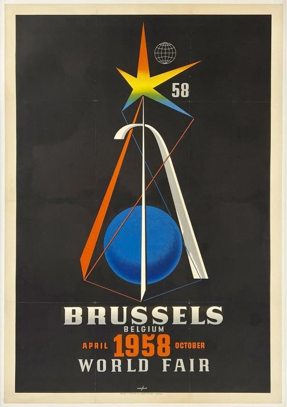 Original Vintage Poster BRUSSELS 1958 WORLD'S FAIR BELGIUM Travel Tourism LINEN (1 of 5)