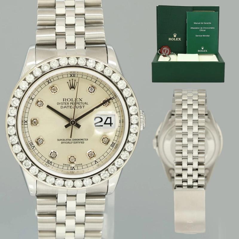 DIAMOND Bezel Rolex DateJust 36mm Silver Diamond 16200 Jubilee Steel Watch Box: Case & Dial Case Material: Rolex Stainless Steel Case Size: 36mm Bezel: Custom Diamond Crystal: Rolex Sapphire Dial: Custom Silver Diamond Movement & Bracelet Movement: Rolex Automatic Bracelet