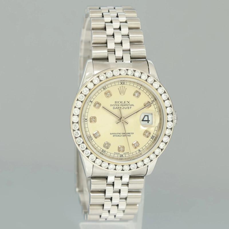 DIAMOND Bezel Rolex DateJust 36mm Silver Diamond 16200 Jubilee Steel Watch Box - 3