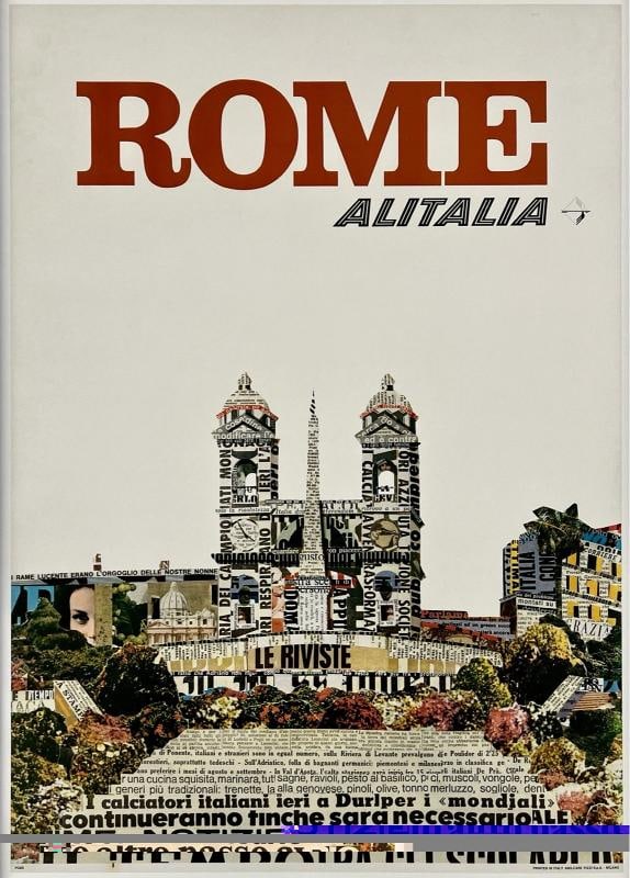 Original Vintage Poster ROME ALITALIA Airline Italy Travel Tourism LINEN: Dimensions: 27 x 38.4 in. / 68.6 x 97.5 cm.; Circa: 1970 Original vintage "ROME - ALITALIA" airline travel poster, designed by an anonymous artist, and printed circa 1970.
