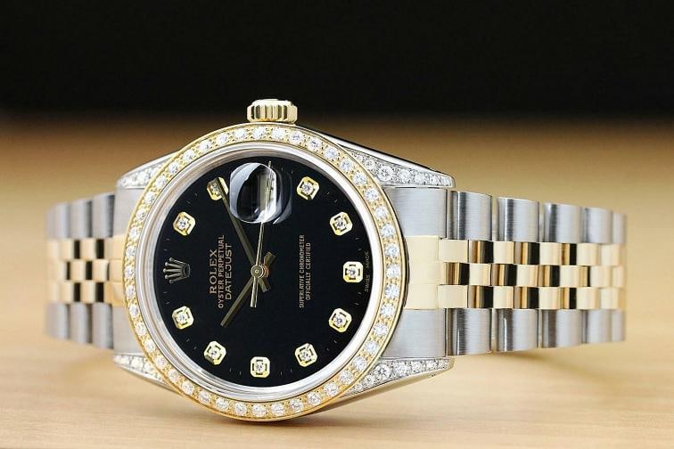 ROLEX MENS DATEJUST 16013 BLACK 18K GOLD STEEL DIAMOND BEZEL AND LUGS WATCH - 2