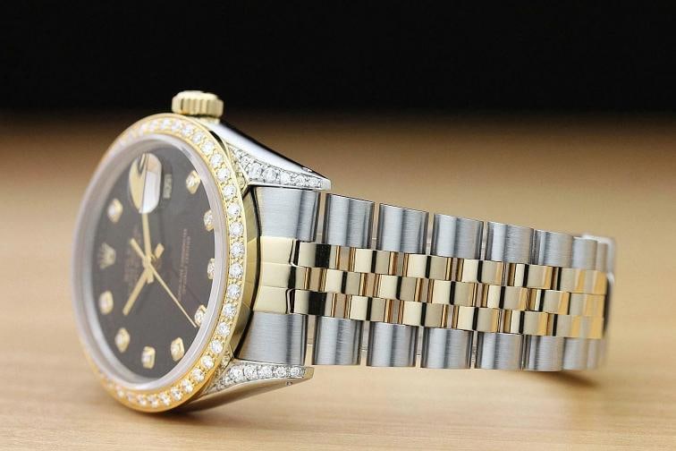 ROLEX MENS DATEJUST 16013 BLACK 18K GOLD STEEL DIAMOND BEZEL AND LUGS WATCH - 4