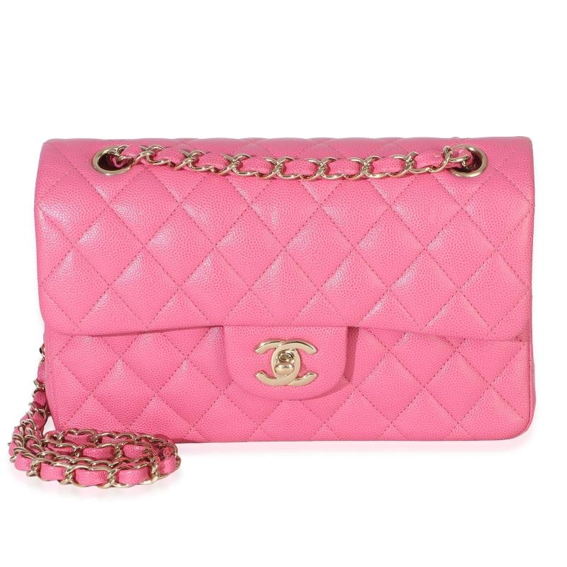 Chanel Dark Pink Quilted Caviar Small Classic Double Flap Handbag: Condition: Pre-owned - Good,Country of Origin: France,Dimensions: 9 x 5 x 2.5,Handbag Accessories: Authenticity Card,Bag Width: 9 in,Bag Depth: 2.5 in,Bag Height: 5 in,Department: Unisex,Style: Should
