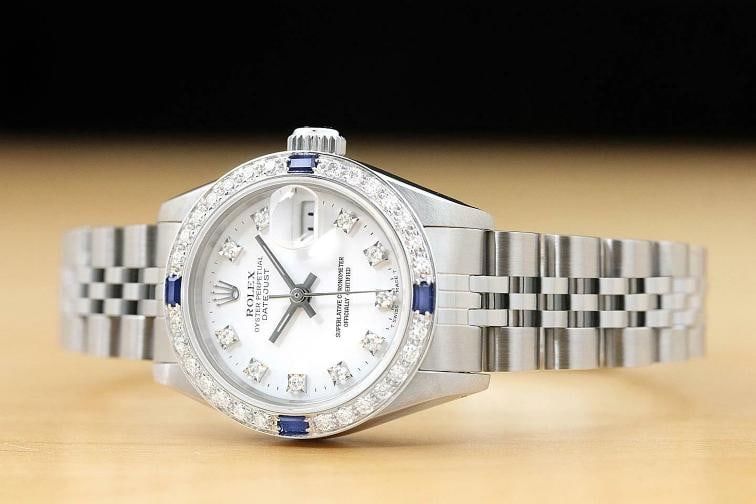 LADIES ROLEX DATEJUST 69174 FACTORY DIAL 18K GOLD SAPPHIRE DIAMOND STEEL WATCH - 2