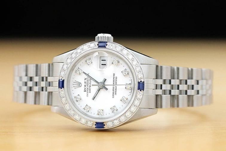LADIES ROLEX DATEJUST 69174 FACTORY DIAL 18K GOLD SAPPHIRE DIAMOND STEEL WATCH - 3