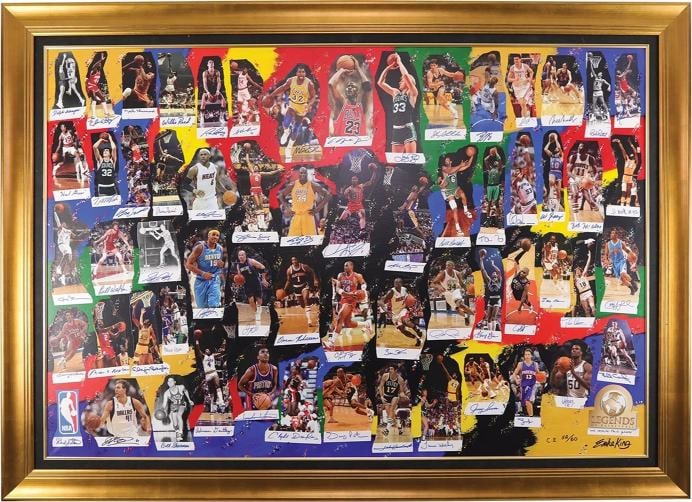 NBA 60 Greatest "NBA Legends Of Basketball" Signed Framed Lithograph #52/60 BAS: Player: Dolph Shayes, Willis Reed, Chuck Hayes, Nate Thurmond, Bill Bradl,Product: Photo,Original/Reprint: Original,Autograph Authentication: Beckett,PRODUCT_COA: Beckett,PRODUCT_SIGNED_BY_NAME: Dolph