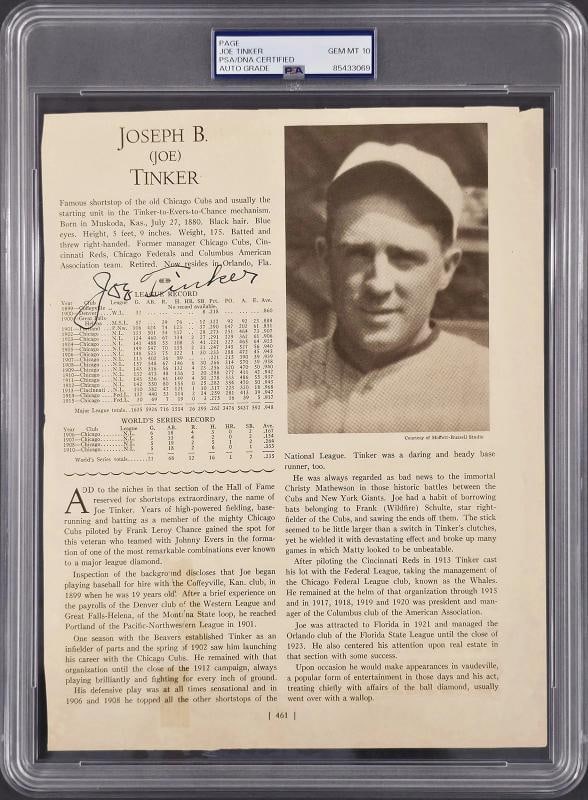 Joe Tinker Signed 8.5x11 Magazine Page Chicago Cubs Auto GM 10 PSA/DNA: Player: Joe Tinker,Team: Chicago Cubs,Sport: Baseball-MLB,Product: Magazine,Signed: Yes,Autograph Authentication: Professional Sports Authenticator (PSA),Original/Reprint: Original,Country of Origin: 