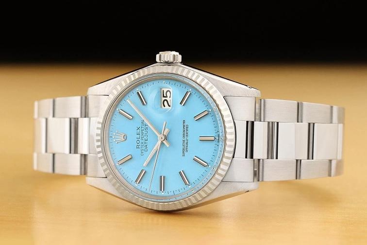 ROLEX MENS DATEJUST 1601 18K WHITE GOLD STAINLESS STEEL AQUA BLUE OYSTER WATCH - 2