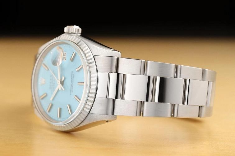 ROLEX MENS DATEJUST 1601 18K WHITE GOLD STAINLESS STEEL AQUA BLUE OYSTER WATCH - 4
