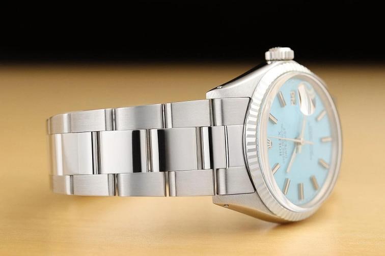 ROLEX MENS DATEJUST 1601 18K WHITE GOLD STAINLESS STEEL AQUA BLUE OYSTER WATCH - 7