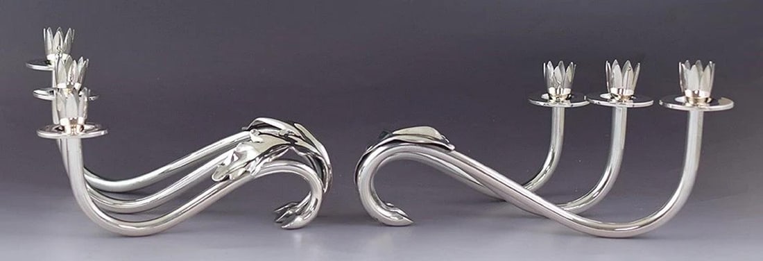 c1930s-1960s Elegant Pair Italian .800 Silver 3 Light Flower Form Candelabra - 3