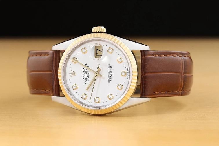ROLEX MENS DATEJUST 16233 WHITE DIAMOND 18K GOLD STEEL WATCH w/ LEATHER BAND - 3