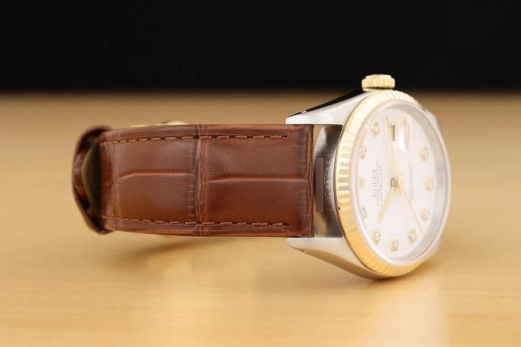 ROLEX MENS DATEJUST 16233 WHITE DIAMOND 18K GOLD STEEL WATCH w/ LEATHER BAND - 7