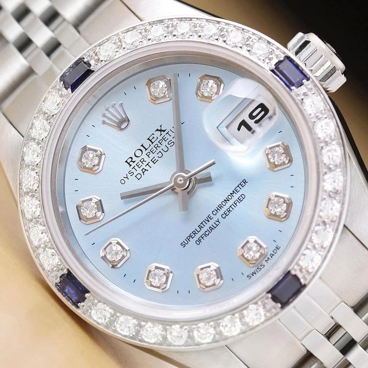 ROLEX LADIES DATEJUST 79174 ICE BLUE DIAL 18K GOLD STEEL DIAMOND SAPPHIRE WATCH: Condition: Pre-owned - Excellent,Bezel Color: Silver,Max Wrist Size: 6.26-6.75 in,Number of Jewels: 31 Jewels,Indices: Diamond Markers, 12-Hour Dial,Band: Rolex Stainless Steel Jubilee Bracelet,Bezel: