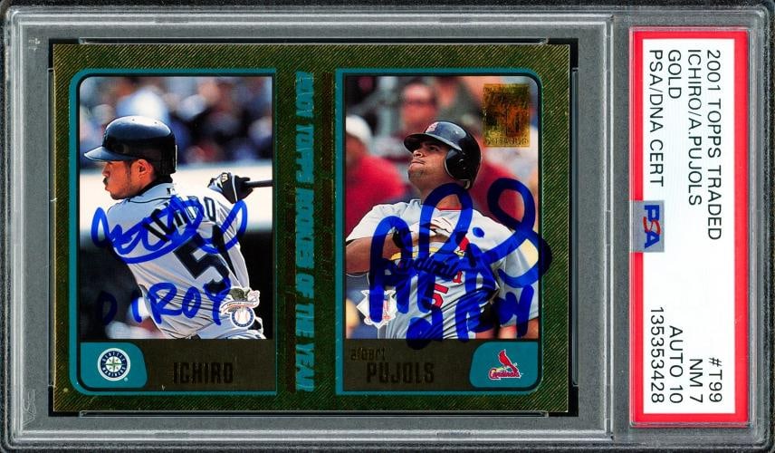Ichiro & Albert Pujols Auto 2001 Topps Traded Gold RC PSA 7 Sig 10 01 ROY #/2001: Condition: Ungraded - Very good: Not in original packaging or professionally graded ,Player/Athlete: Ichiro Suzuki,Player: Ichiro Suzuki,Sport: Baseball,Product: Card,Autographed: Yes,Signed By: Ichir