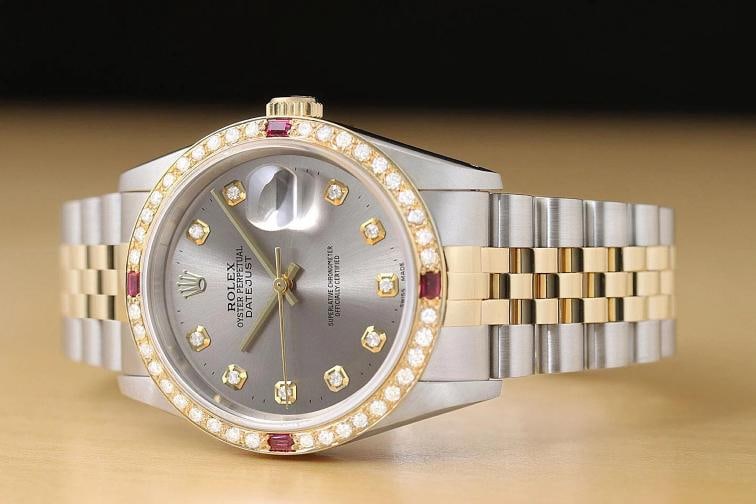 ROLEX MENS DATEJUST 16233 GRAY DIAL 18K GOLD STEEL TWO TONE DIAMOND RUBY WATCH - 2