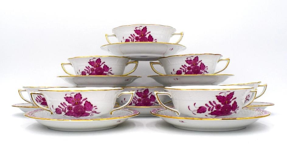 Set of 8 Herend Chinese Bouquet Raspberry Cream Soups & Underplates Hand Painted: a set of 8 Herend Chinese Bouquet Raspberry Cream soups and underplates, all hand painted on porcelain. This elegant and intricate set is perfect for serving cream soups, salads, desserts, and ice cre