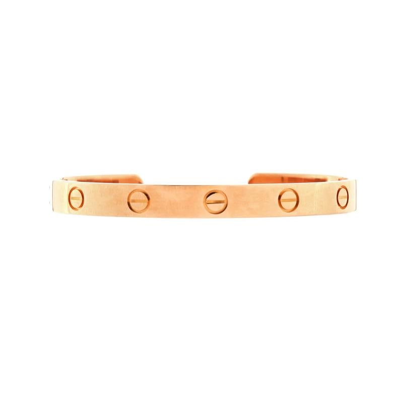 Cartier Love Cuff Bracelet 18K Rose Gold: Condition: Pre-owned - Good,Brand: Cartier,Main Stone: Unknown,Metal: 18K Rose Gold,Metal Purity: 18K,Style: Cuff,Type: Bracelet,Color: Rose Gold,Material: 18K Rose Gold Condition: Great. Minor wear t