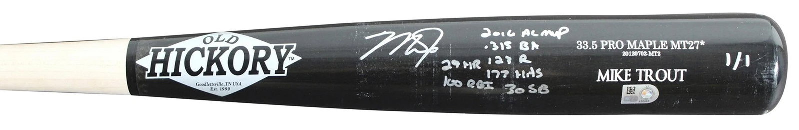 Mike Trout "2016 Stat" Signed Game Ready Old Hickory Pro Maple MT27* 1/1 Bat BAS - 3