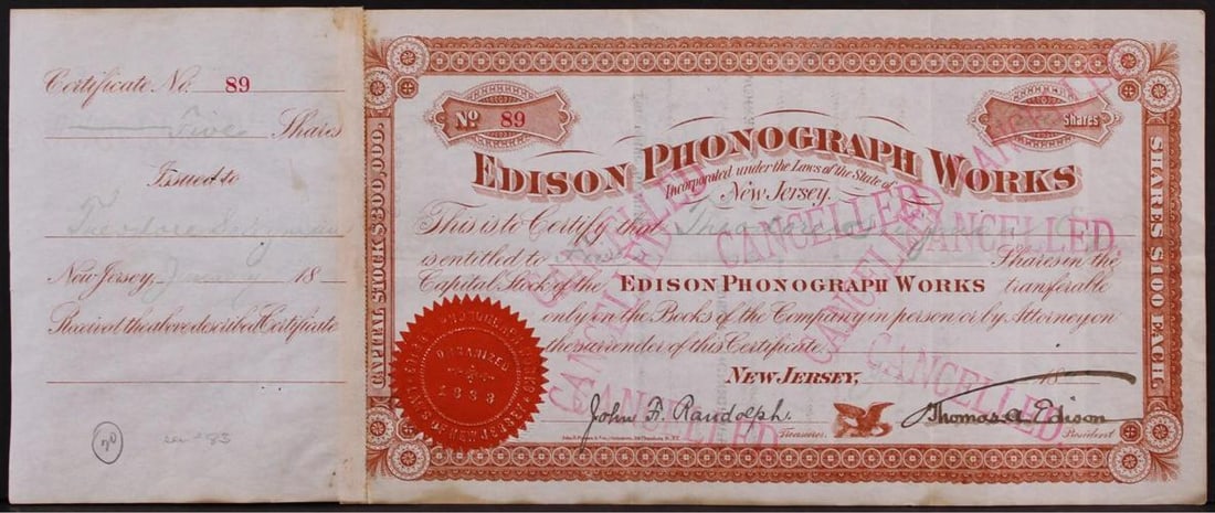 Thomas Edison Signed 5.75x14 Phonograph Works Stock Certificate BAS (1 of 4)