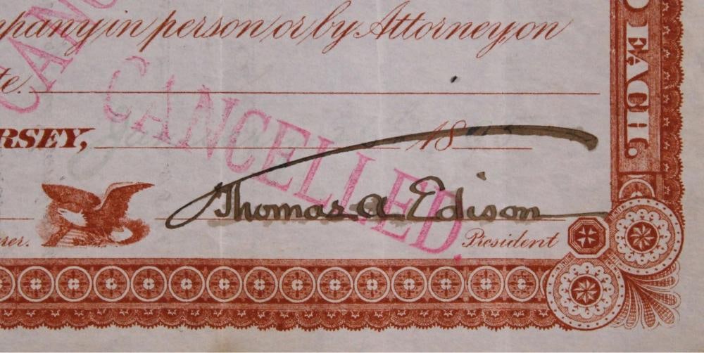 Thomas Edison Signed 5.75x14 Phonograph Works Stock Certificate BAS - 2