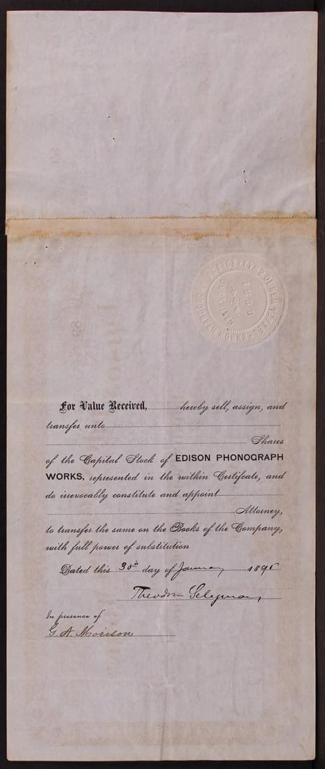 Thomas Edison Signed 5.75x14 Phonograph Works Stock Certificate BAS - 3