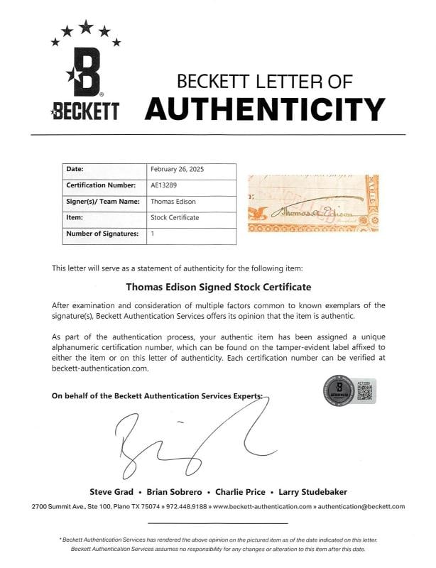 Thomas Edison Signed 5.75x14 Phonograph Works Stock Certificate BAS - 4