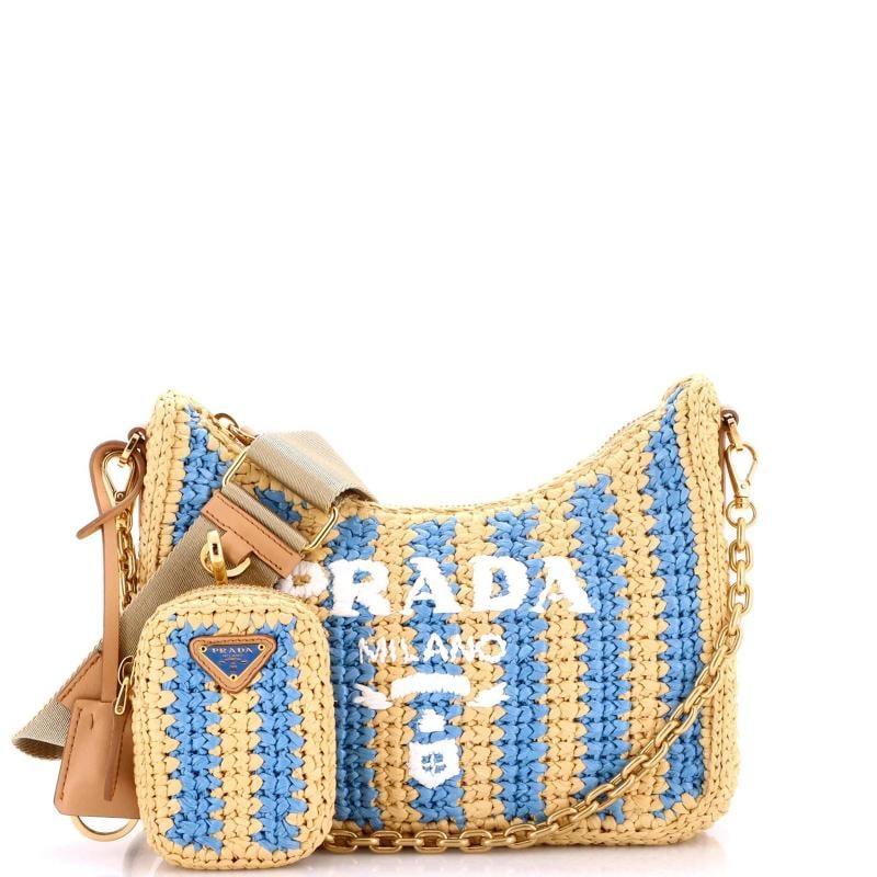 Prada Re-Edition 2005 Shoulder Bag Striped Raffia Small: Condition: Pre-owned - Excellent,Brand: Prada,Exterior Material: Raffia,Style: Shoulder Bags,Exterior Color: Neutral,Department: Women,Size: Small,Accessories: Extra Strap, Clochette, Pochette, With S