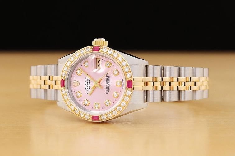 ROLEX LADIES DATEJUST 69173 PINK DIAL 18K YELLOW GOLD DIAMOND RUBY STEEL WATCH - 2