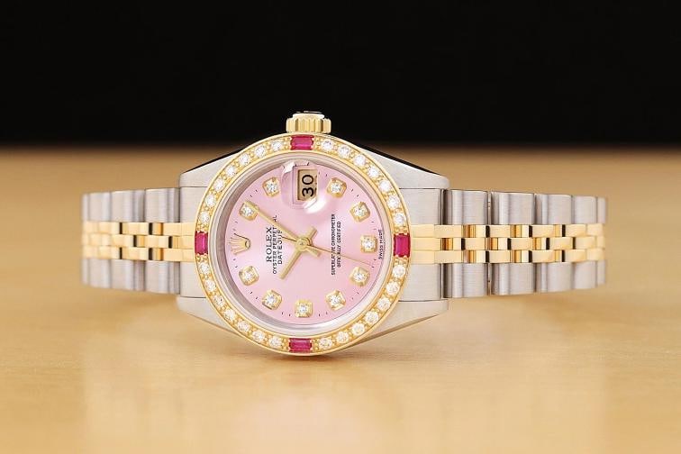 ROLEX LADIES DATEJUST 69173 PINK DIAL 18K YELLOW GOLD DIAMOND RUBY STEEL WATCH - 3