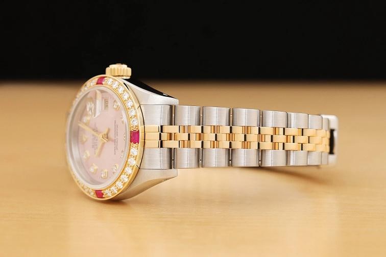 ROLEX LADIES DATEJUST 69173 PINK DIAL 18K YELLOW GOLD DIAMOND RUBY STEEL WATCH - 4