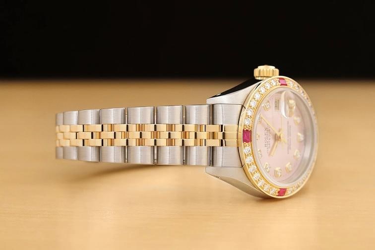 ROLEX LADIES DATEJUST 69173 PINK DIAL 18K YELLOW GOLD DIAMOND RUBY STEEL WATCH - 7
