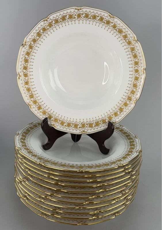 Set 12 c1920s Royal Doulton Noke's Tiffany Co Raised Gilt Rim 9.5" Soup Bowls: Condition: Used: An item that has been used previously. The item may have some signs of cosmetic wear, but is fully operational and functions as intended. This item may be a floor model or store retur