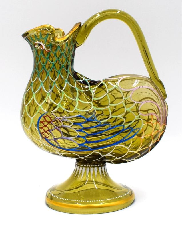 Rare Moser Art Glass Bird Shaped Small Pitcher, Hand Painted, Circa 1920: he rare Moser art glass bird-shaped small pitcher, hand-painted, circa 1920, is a beautifully crafted piece of decorative cookware. Made in Germany, this pitcher features intricate hand-painted detail