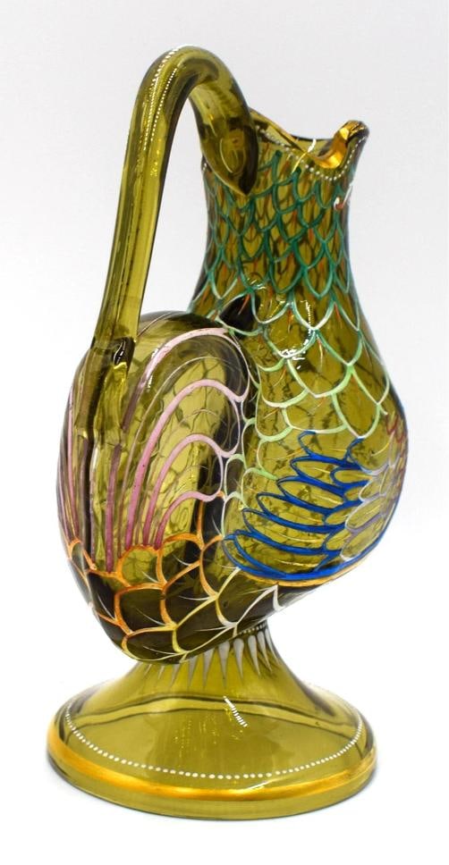 Rare Moser Art Glass Bird Shaped Small Pitcher, Hand Painted, Circa 1920 - 4