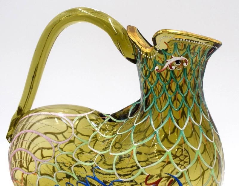 Rare Moser Art Glass Bird Shaped Small Pitcher, Hand Painted, Circa 1920 - 5