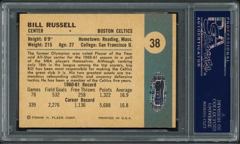 Bill Russell Signed 1961-62 Fleer Card 38 Celtics Auto GM 10 PSA/DNA #83580633 - 2